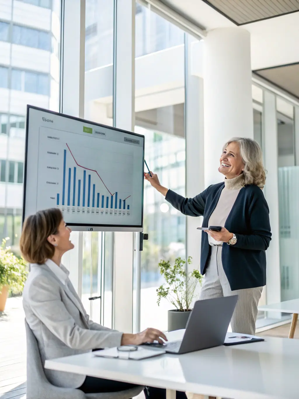 A professional consultant is advising a publisher on strategies to increase ad revenue, with charts and data visualizations displayed on a large screen in the background.
